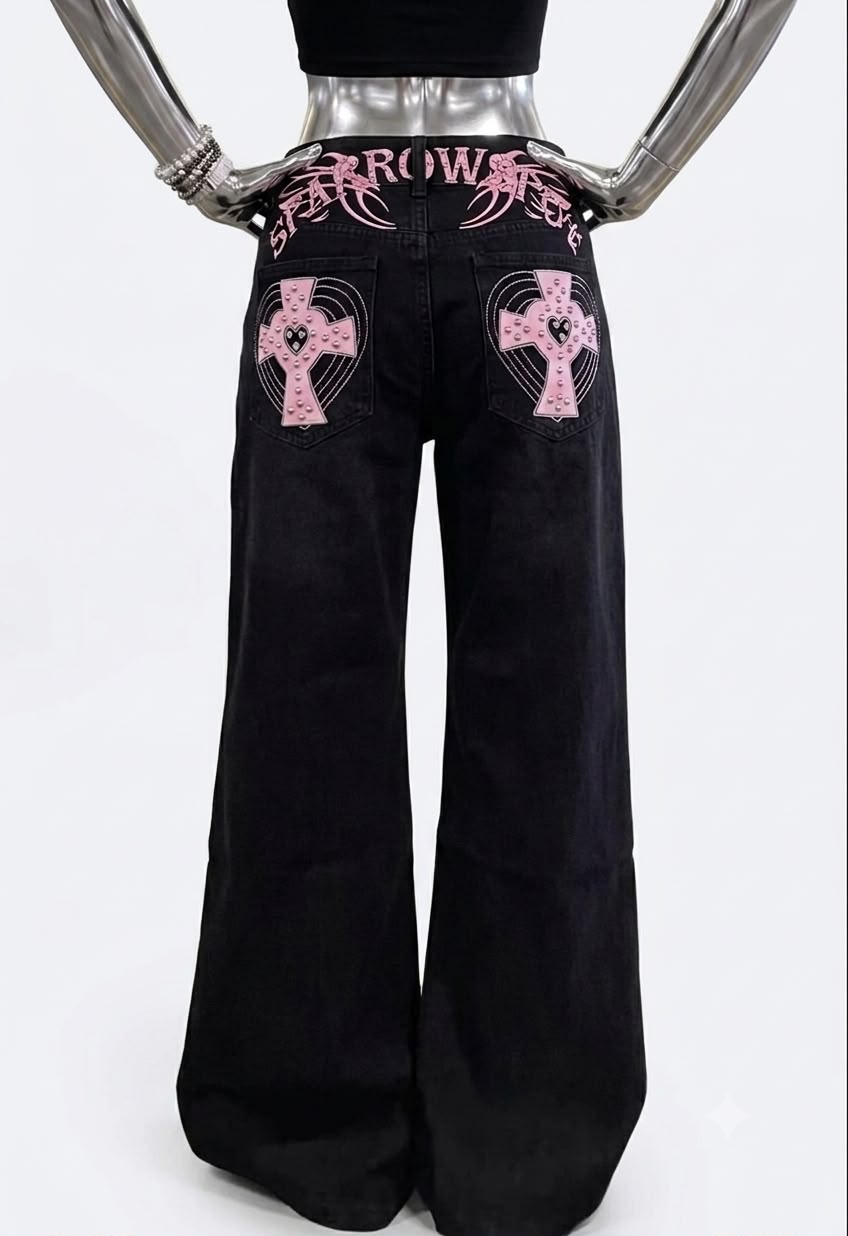 Cross Pattern Leather Patch Denim Pants
