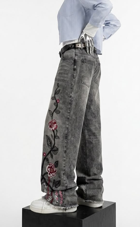 Gothic Style Cherry Blossom Embroidered Unisex Straight Jeans