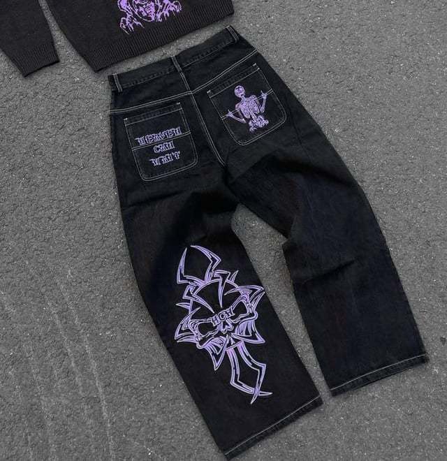 Retro Washed Denim Jorts with Skull Embroidery