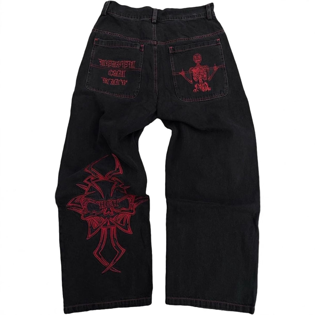 Retro Washed Denim Jorts with Skull Embroidery