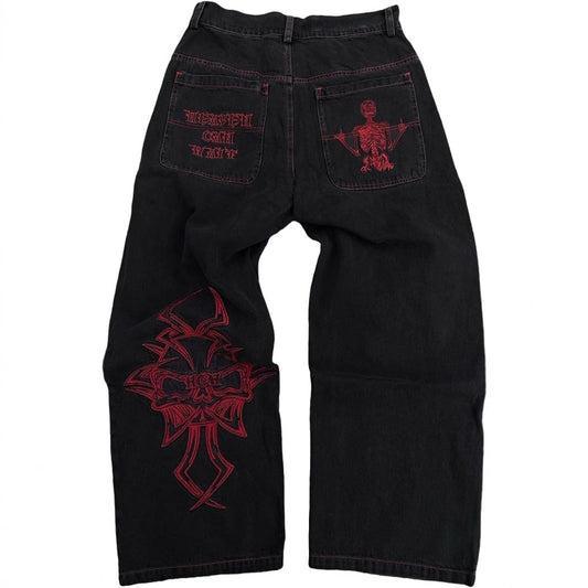 Retro Washed Denim Jorts with Skull Embroidery