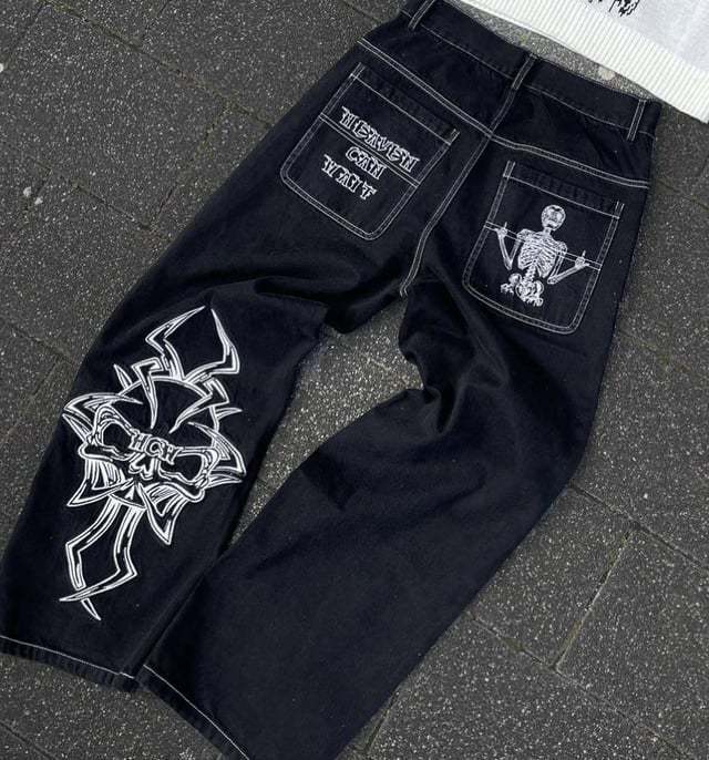 Retro Washed Denim Jorts with Skull Embroidery