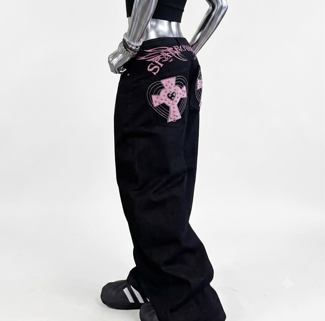 Cross Pattern Leather Patch Denim Pants