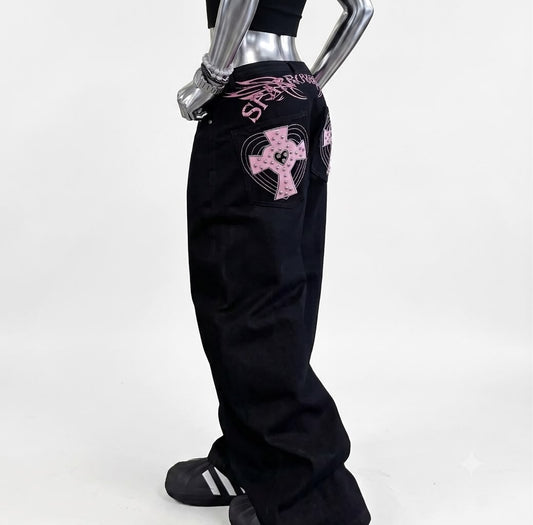 Cross Pattern Leather Patch Denim Pants