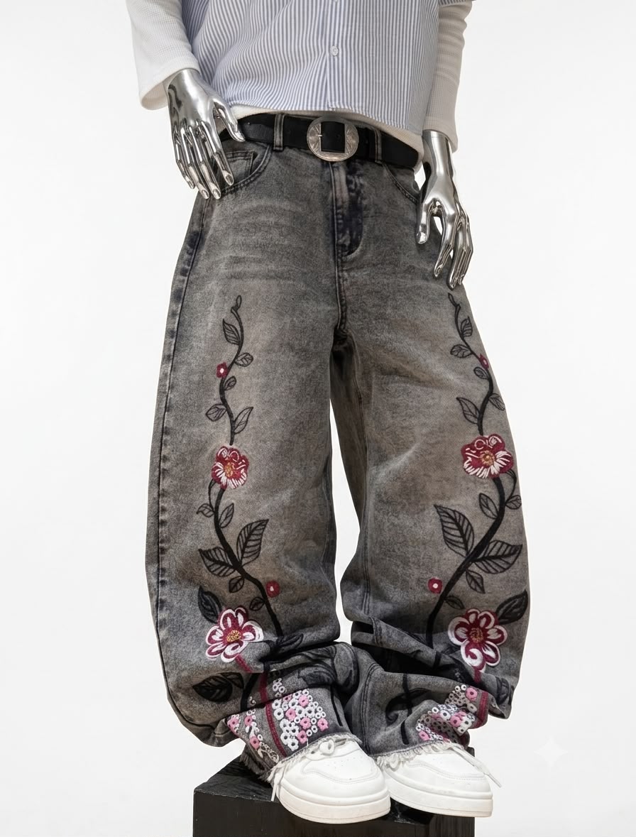 Gothic Style Cherry Blossom Embroidered Unisex Straight Jeans