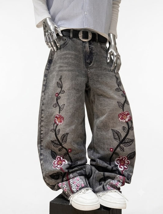 Gothic Style Cherry Blossom Embroidered Unisex Straight Jeans