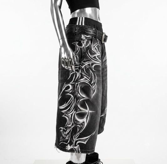 Retro Gothic Printed Denim Jorts